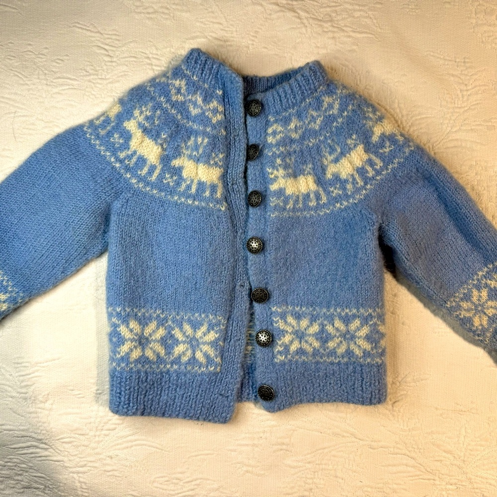 100% Wool Sweater 6-12 MO Light Blue and White